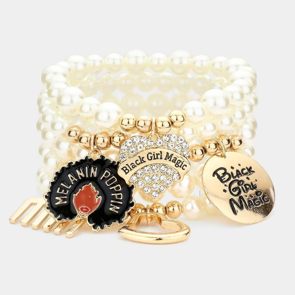 Cream Pearls Gold Pendant Charms Crystal BLACK GIRL MAGIC Beads Stretch Bracelet